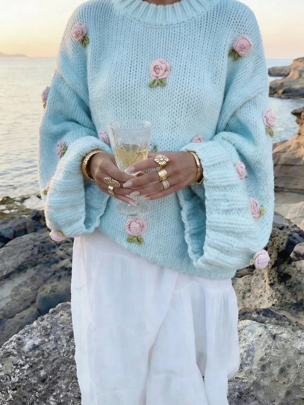 Baby Blue Women's Casual Cute Knitted Embroidered 3D Floral Sweater